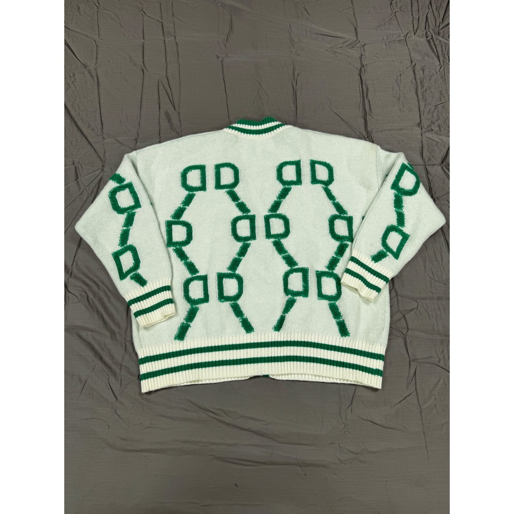 Womens Green White Geometric Chain Knit Button Front Varsity Cardigan 4XL - Picture 2 of 5